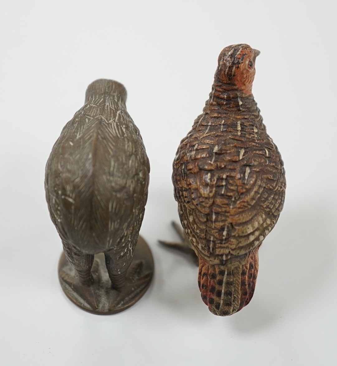 A cold painted bronze model of a ptarmigan and a bronze model of a kiwi. Tallest 5.5cm